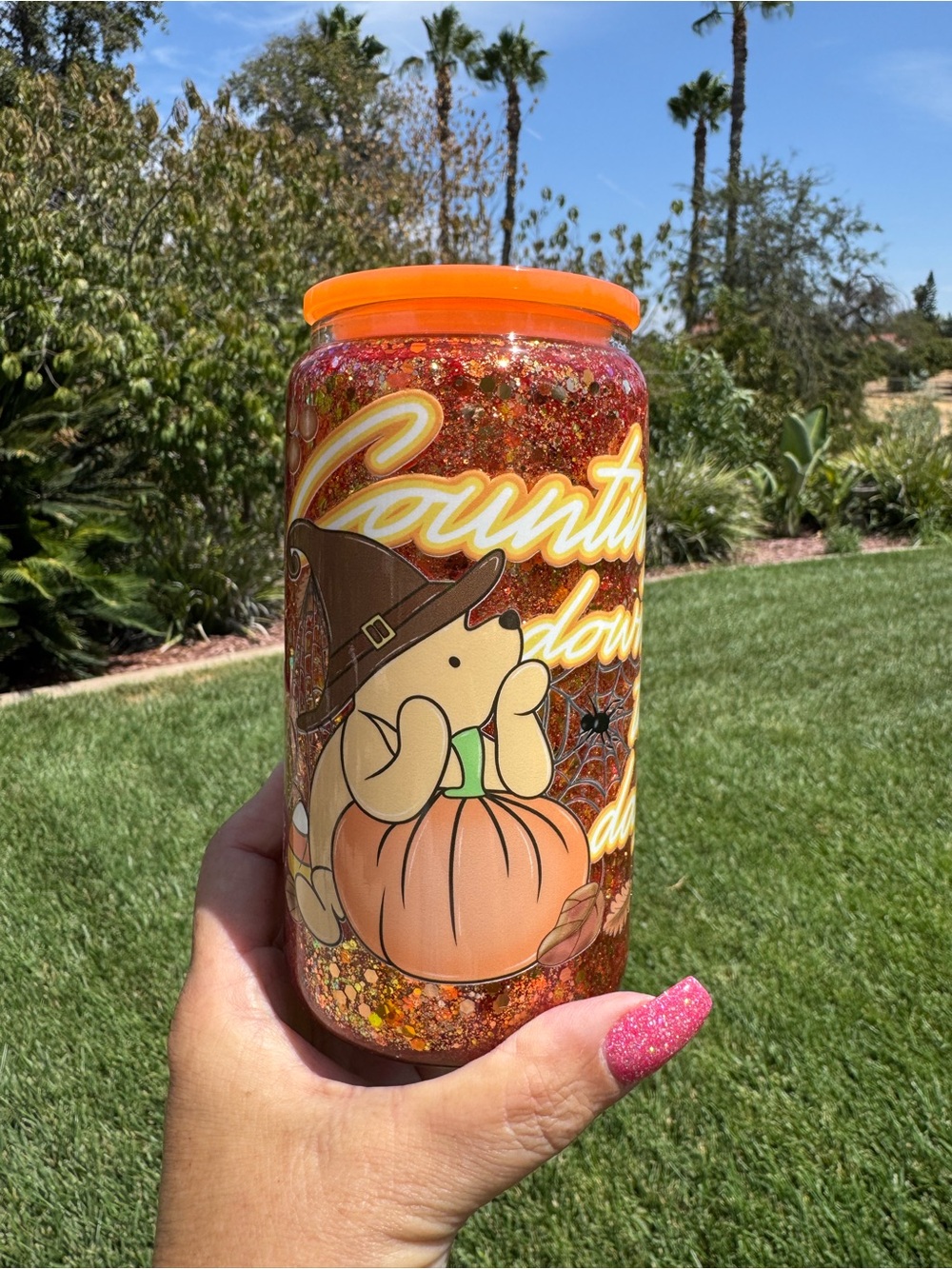 Winnie the Pooh counting the days Fall Halloween snow globe tumbler 16oz